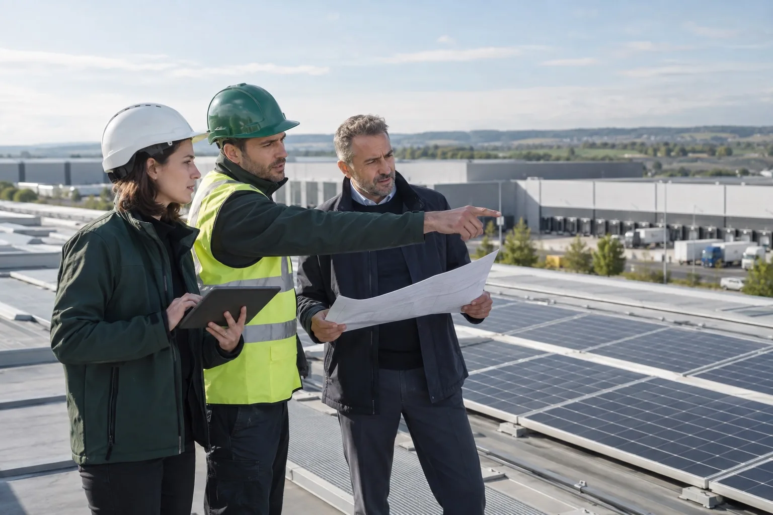 Équipe technique échangeant sur un projet photovoltaïque sur un site professionnel